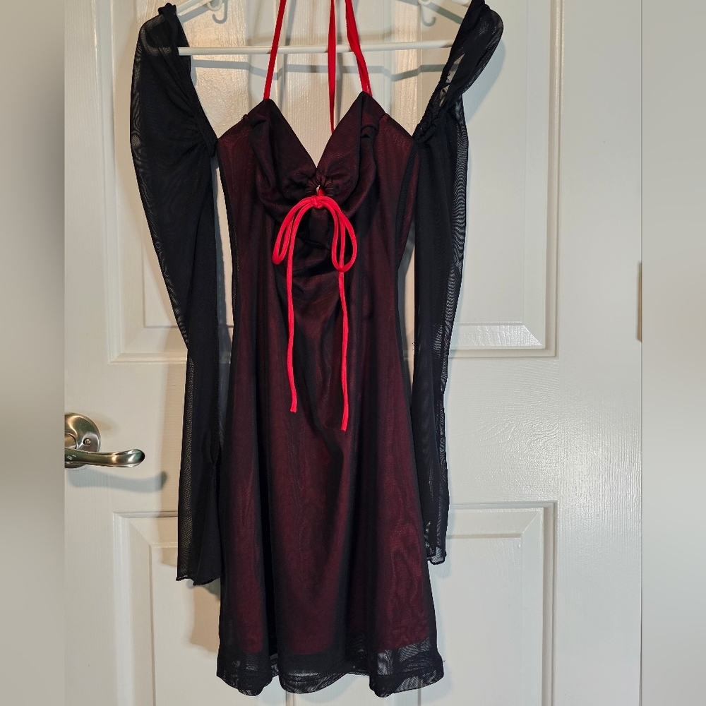 SHEIN Red Halter Slip Dress w/ Sheer Black Overlay and Sleeves Women's Sz S